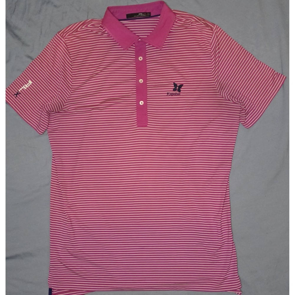 RLX Polo Ralph Lauren Golf Polo Pink White‎ Striped Kapalua Men's Size Large